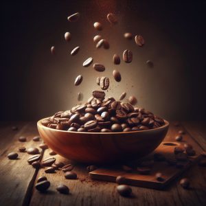 دانه های قهوه در کاسه چوبی
