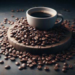 دان قهوه پخش روی میز چوبی در کنار فنجان قهوه