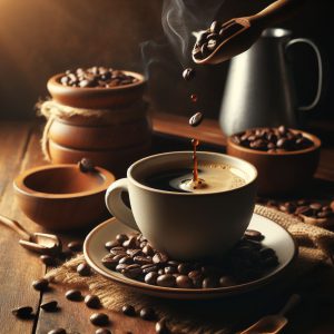 فنجان قهوه روی میز چوبی در کنار دان قهوه و پیچر