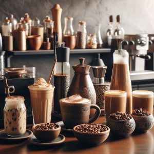انواع نوشیدنی های قهوه روی میز کافه در کنار دان قهوه