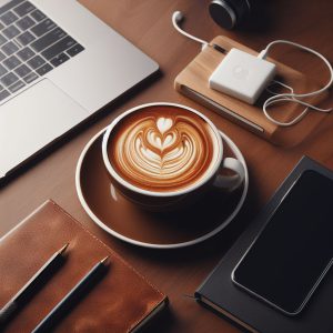 فنجان قهوه روی میز کار در کنار لپتاپ و گوشی