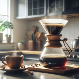 دم کردن قهوه با دستگاه کمکس روی کانتر آشپزخانه