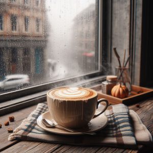 یک فنجان کاپوچینو کنار پنجره در روز بارانی