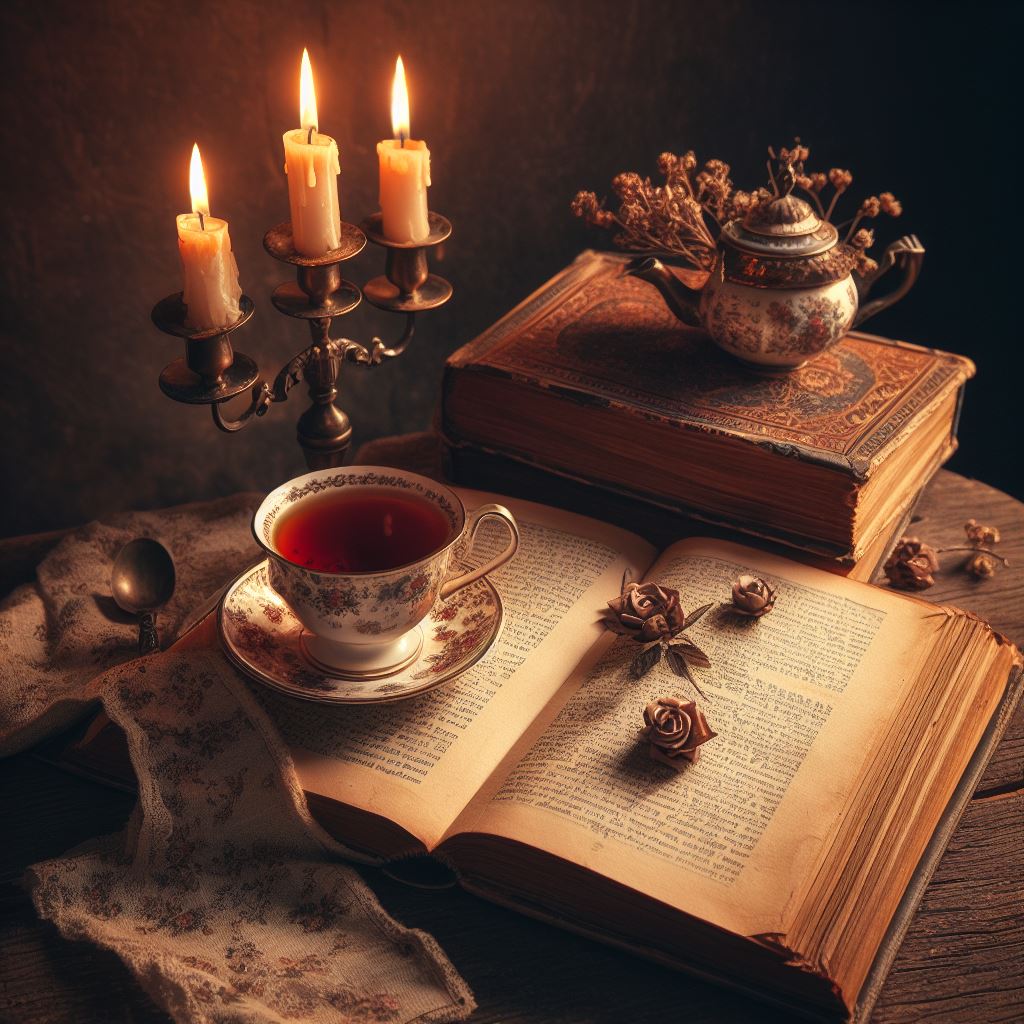 فنجان چای رویی کتاب با نور شمع