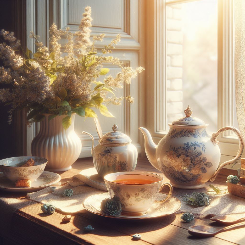 قوری و فنجان چای چینی روی میز کنار پنجره