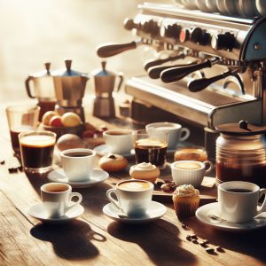 انواع قهوه اسپرسو و اسپرسو ساز روی میز چوبی