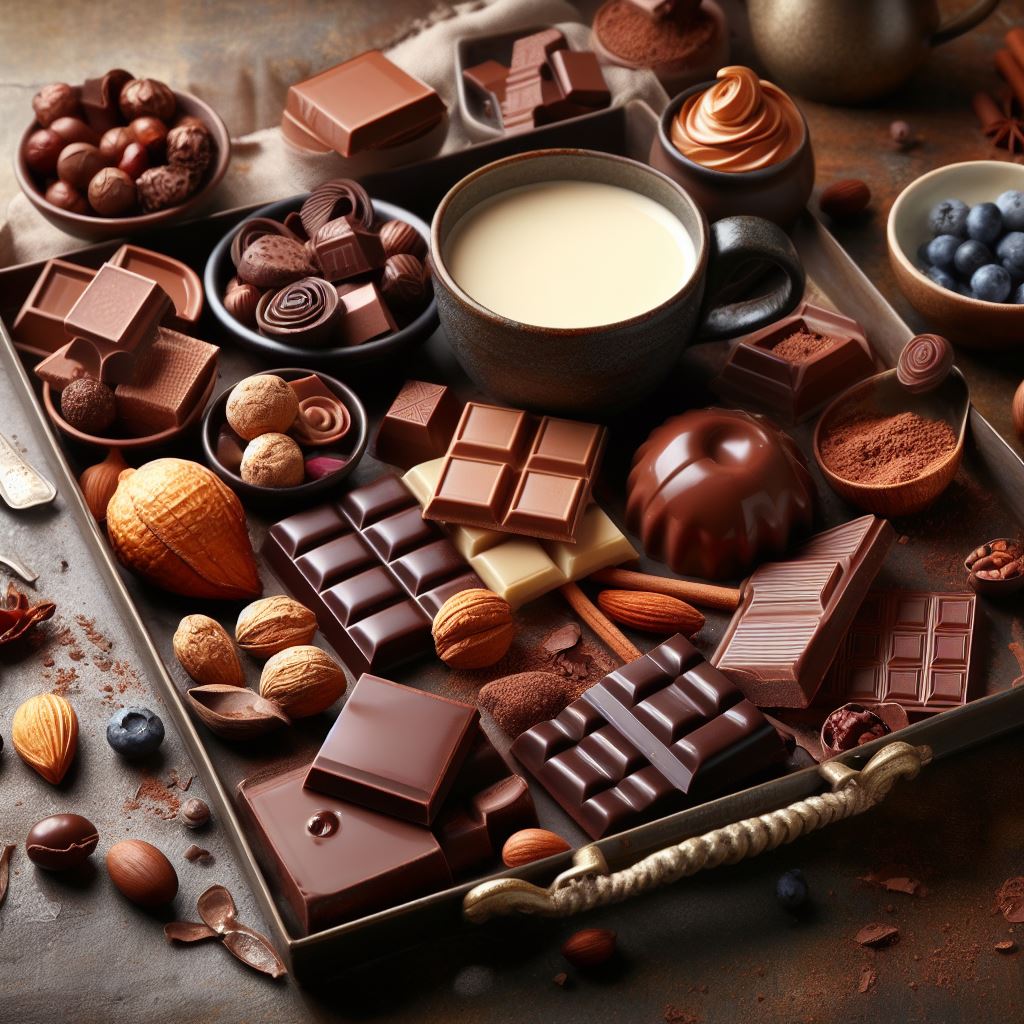 انواع مختلف شکلات روی سینی با قهوه