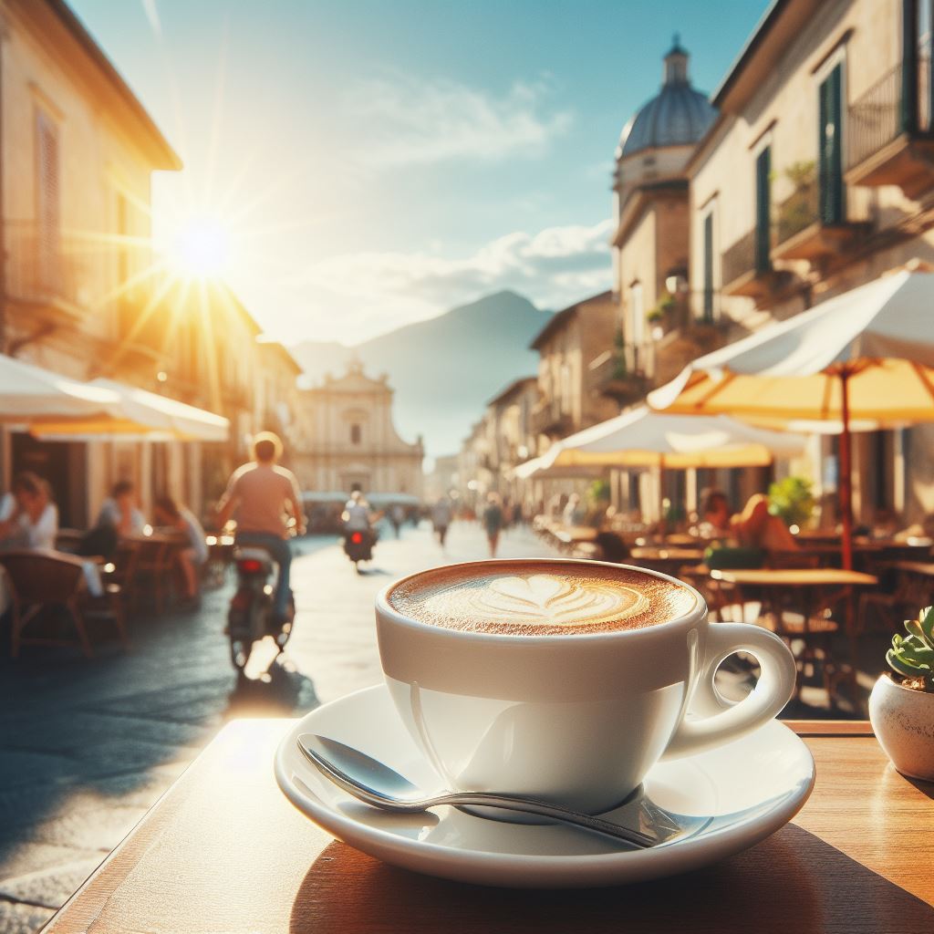 فنجان قهوه کاپوچینو روی میز کافه در خیابان