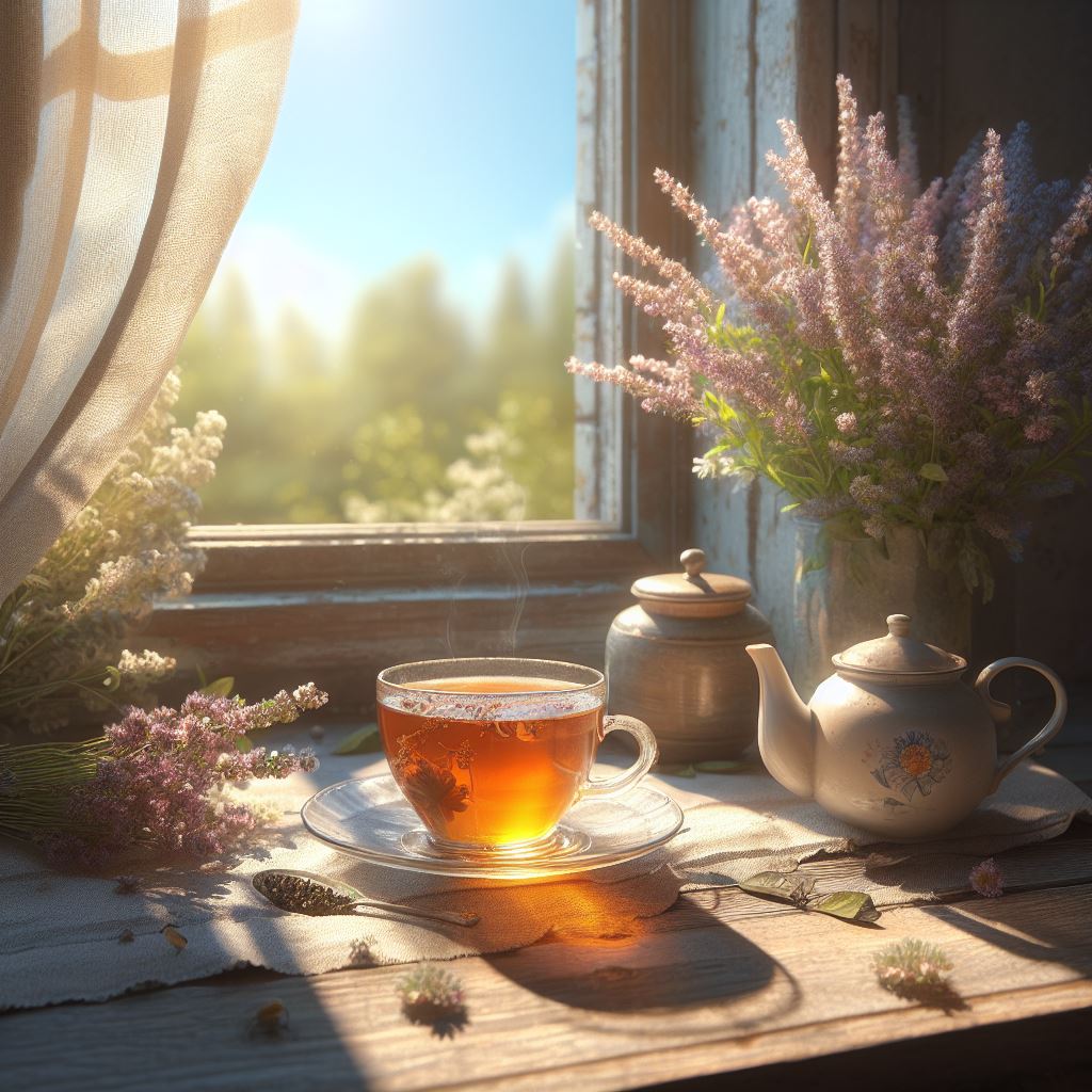 فنجان چای جلوی پنجره در هوای آفتابی