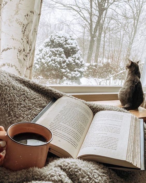 خوردن قهوه و کتاب خواندن در روز برفی کنار پنجره