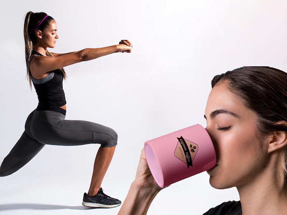 خانم در حال ورزش و نوشیدن قهوه