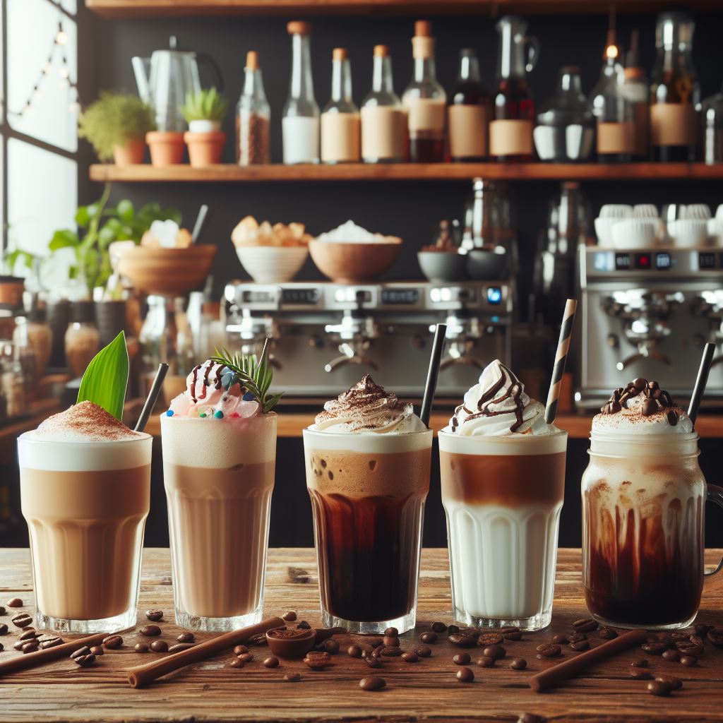 5 نوشیدنی قهوه مختلف روی میز کافه